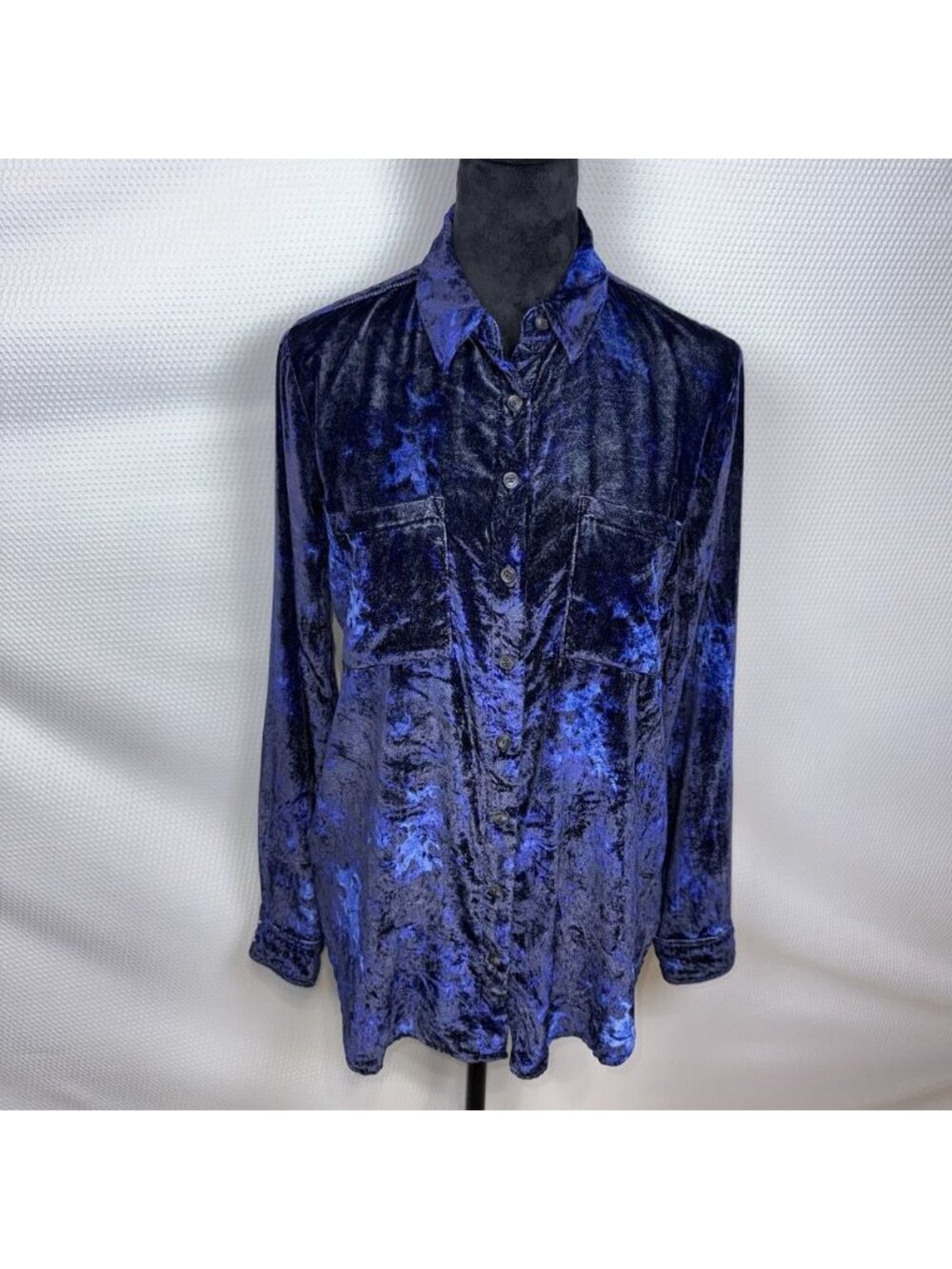 Anthropologie Pilcro Mara Relaxed Velvet Collared Blouse Shirt Sz 2 ShimmeryBlue